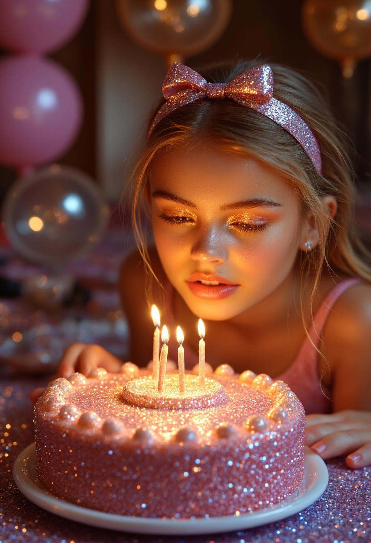 A magical,  close-up shot of a birthday cake entirely covered in sparkling Glitter,  each tiny particle catching the light...