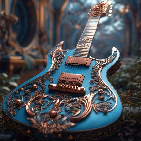 RAW photo of a very detailed guitar with whimsical elements,  magical fairytale landscape,  fantasy style art on Tensor.Art