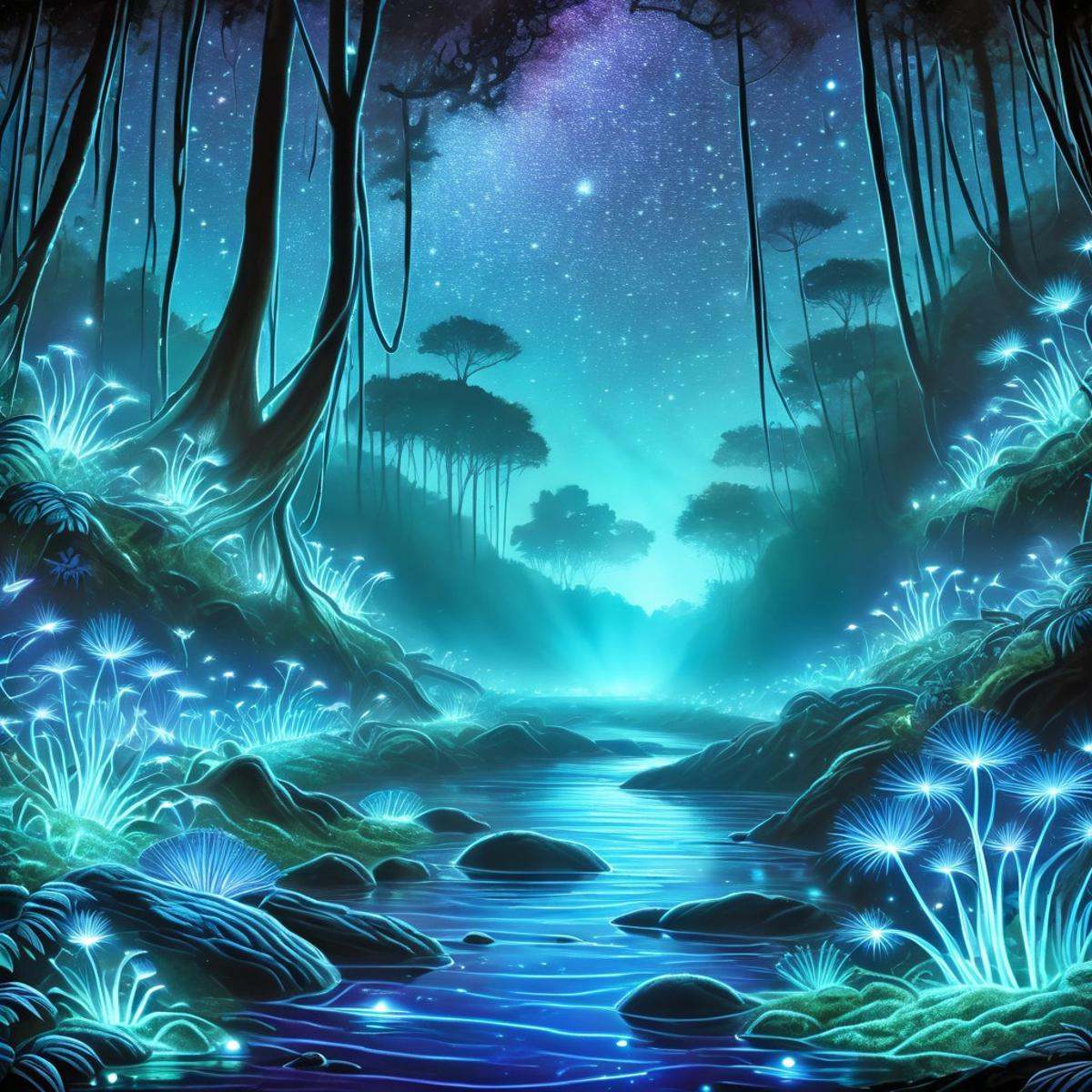 A mystical forest at night,  illuminated by bioluminescent plants and creatures. Tall trees with glowing leaves and vines,...