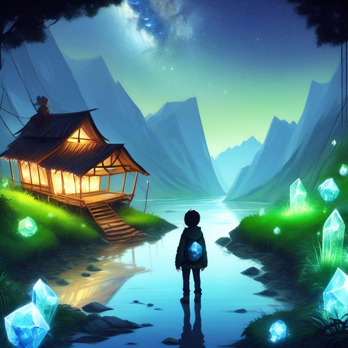 waterfall,  lantern,  signature on Tensor.Art