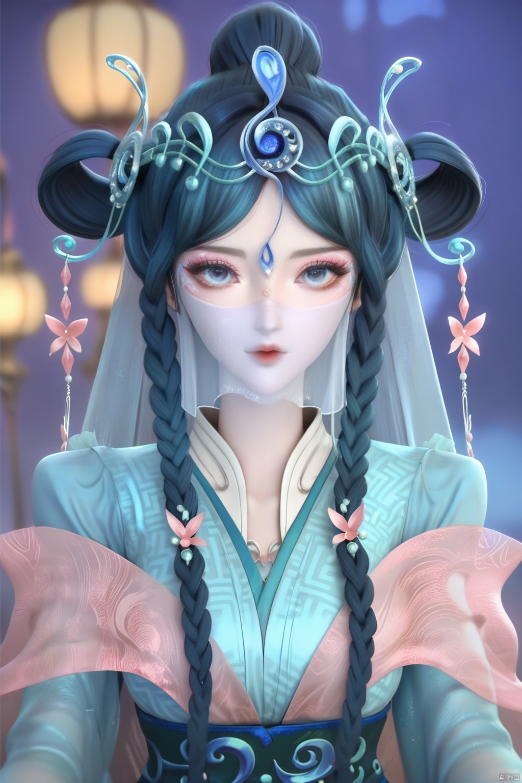 score_9,score_8_up,score_7_up,1girl,solo,long hair,looking at viewer,blue eyes,hair ornament,hair rings,,blue hair,braid,flower,twin braids,makeup,facial mark,forehead mark,flower,blue dress,chinese clothes,mouth veil,veil,blurry background,
