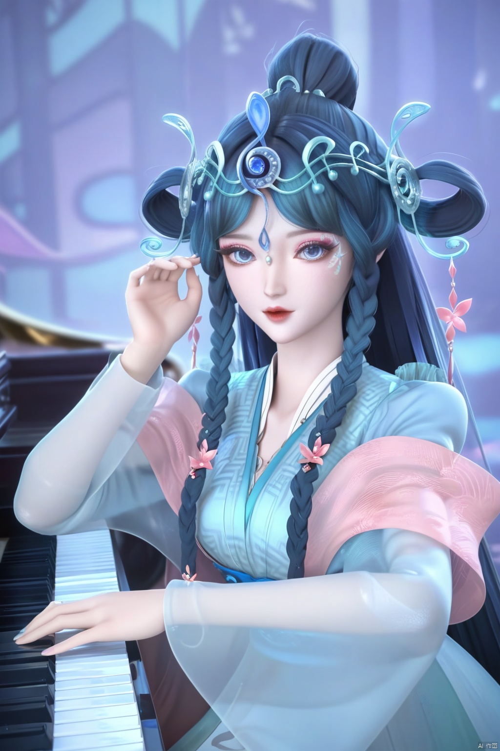 score_9,score_8_up,score_7_up,1girl,solo,long hair,looking at viewer,blue eyes,hair ornament,hair rings,,blue hair,braid,flower,twin braids,makeup,facial mark,forehead mark,flower,blue dress,chinese clothes,blurry background,piano,music,playing instrument,instrument,Musical Symbol,Musical notation