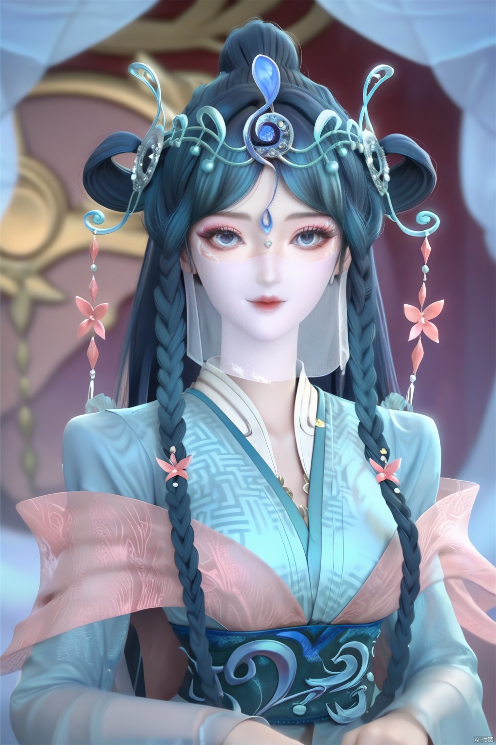 score_9,score_8_up,score_7_up,1girl,solo,long hair,looking at viewer,blue eyes,hair ornament,hair rings,closed mouth,blue hair,braid,flower,twin braids,makeup,facial mark,forehead mark,flower,blue dress,chinese clothes,mouth veil,veil,blurry background,happy