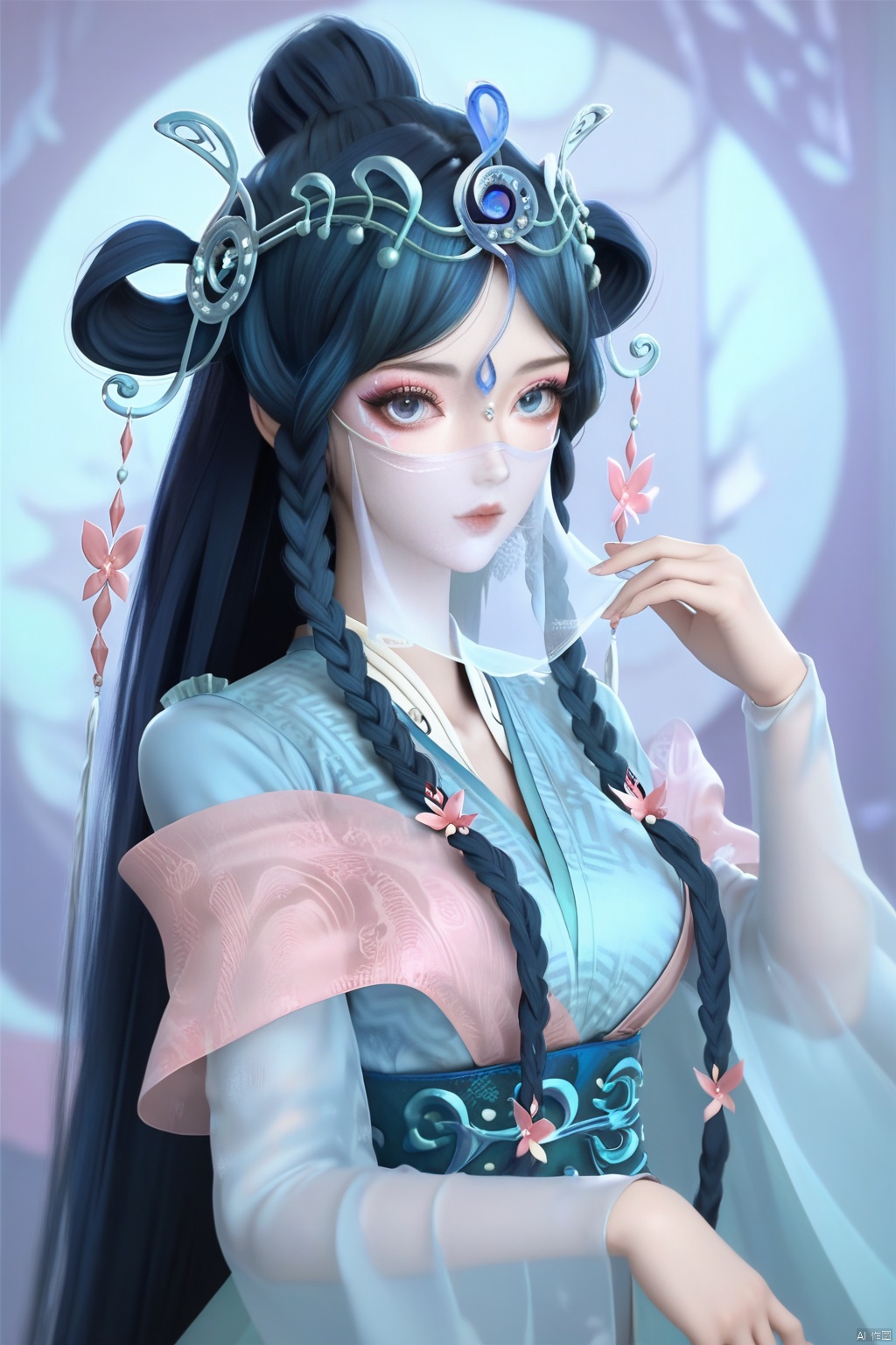 score_9,score_8_up,score_7_up,1girl,solo,long hair,looking at viewer,blue eyes,hair ornament,hair rings,,blue hair,braid,flower,twin braids,makeup,facial mark,forehead mark,flower,blue dress,chinese clothes,mouth veil,veil,blurry background,