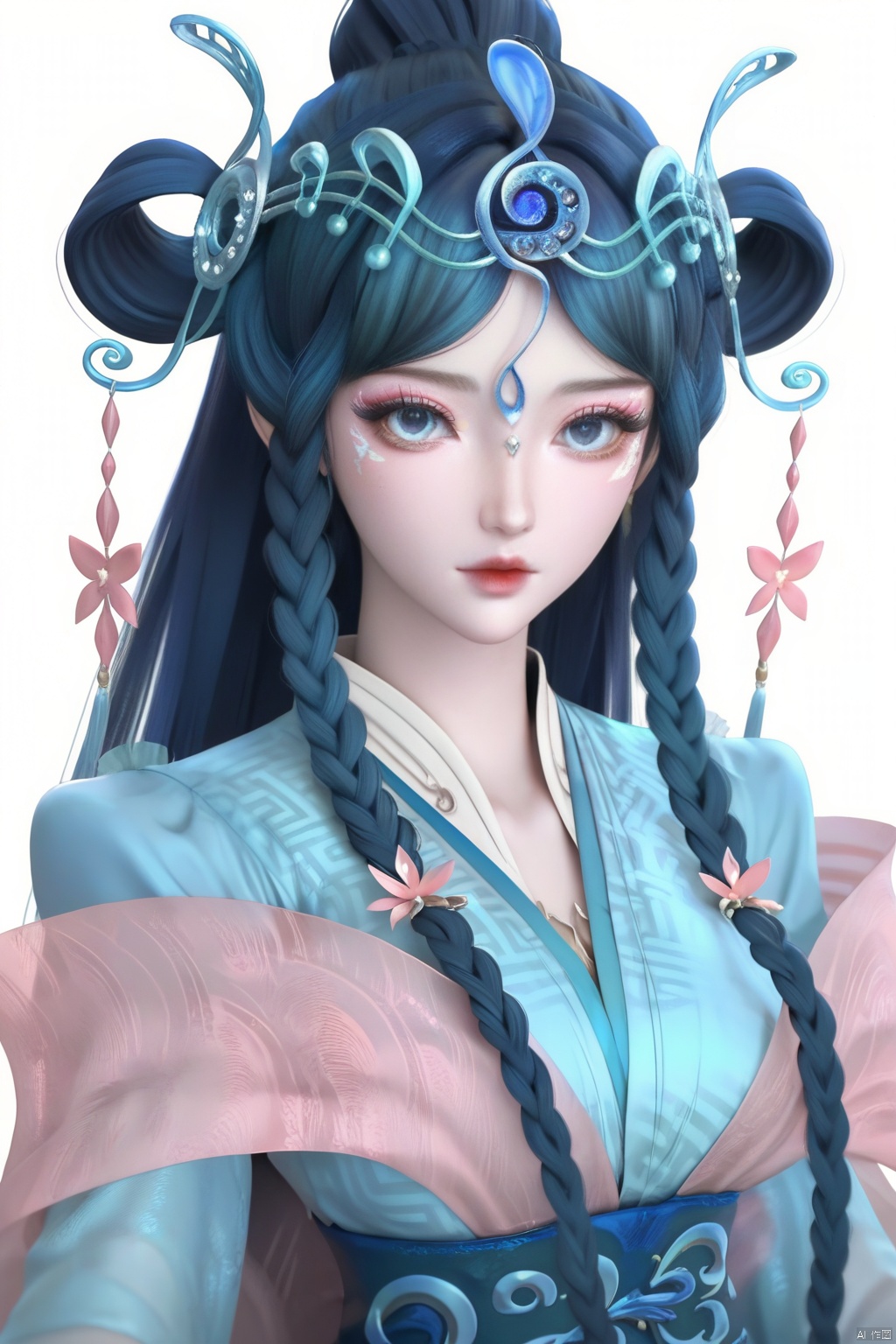 score_9,score_8_up,score_7_up,1girl,solo,long hair,looking at viewer,blue eyes,hair ornament,hair rings,closed mouth,blue hair,braid,flower,twin braids,makeup,facial mark,forehead mark,flower,blue dress,chinese clothes,