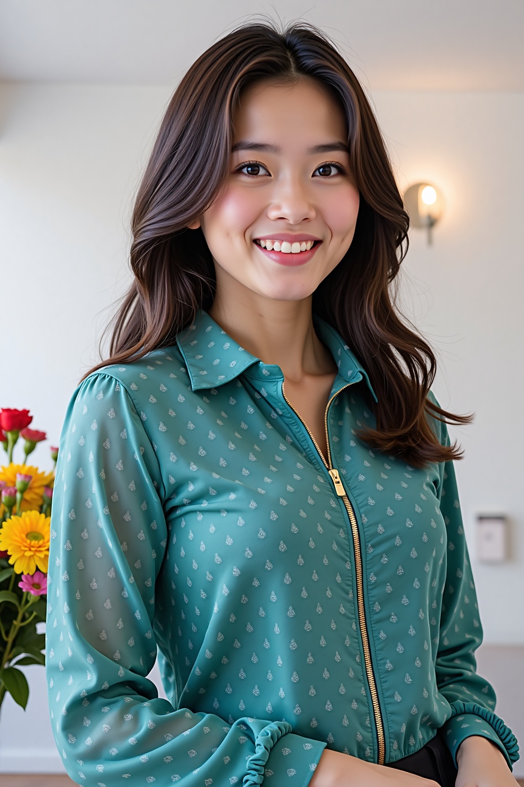 a young Asian woman with long dark brown hair and brown eyes,  is smiling at the camera. She is dressed in a teal blouse w...