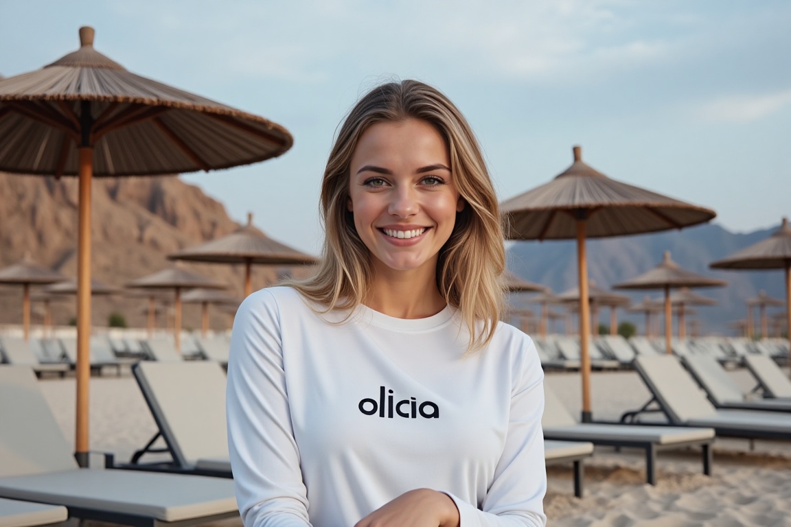a medium-sized blonde woman,  seated on a beach chair,  wearing a white long-sleeved t-shirt with a black and white logo o...