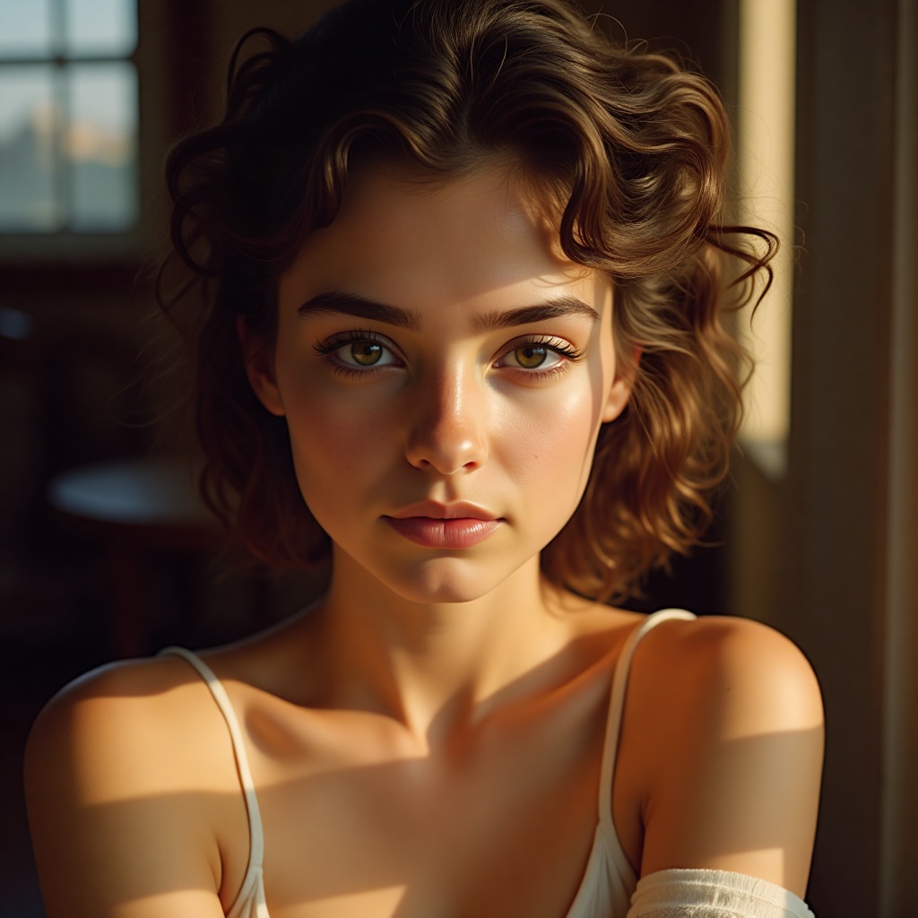 In the soft,  warm glow of natural light,  a young woman with captivating green eyes and lush on Tensor.Art