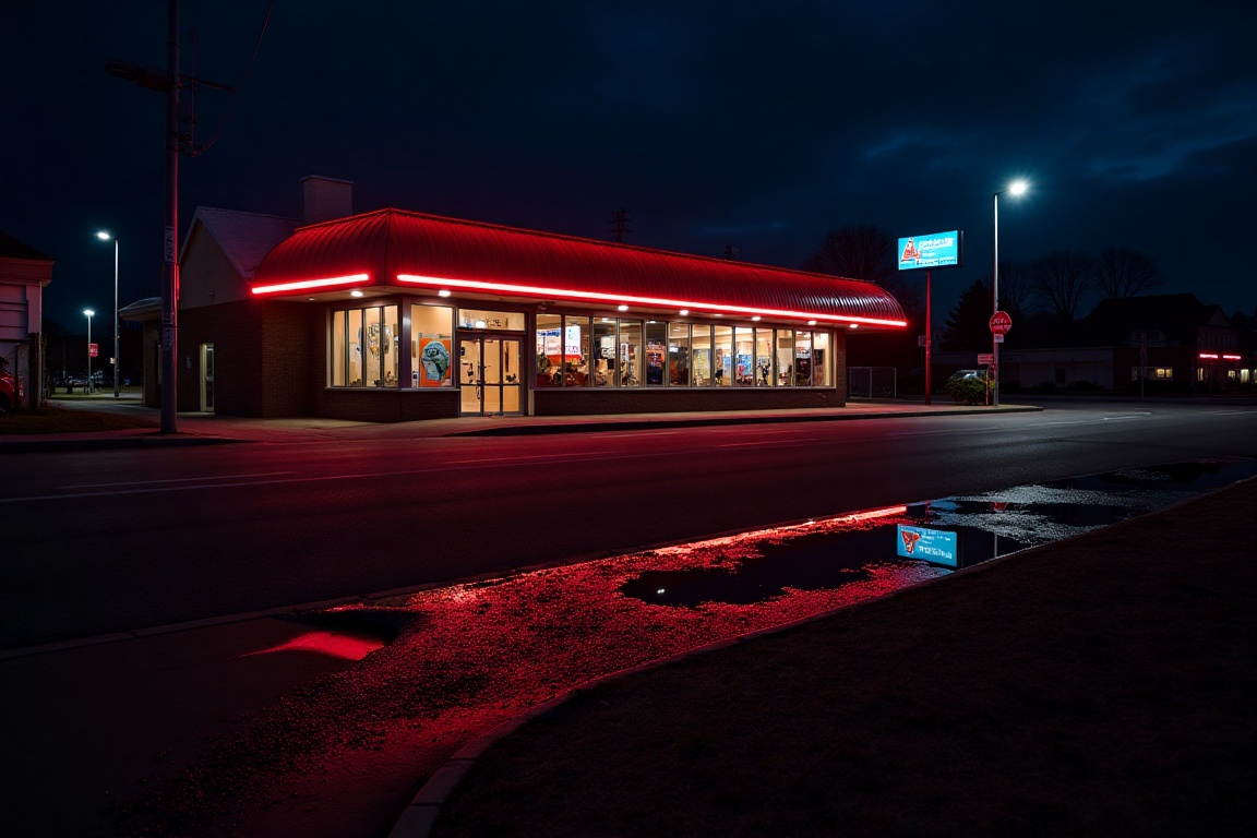 Captured at night,  a medium shot captures the exterior of a building,  adorned with a red roof and a row of glass windows...