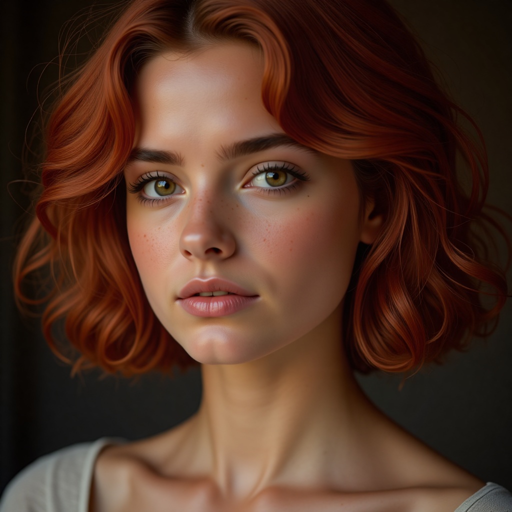 The portrait features a woman with vibrant,  curly red hair framing her softly freckled face. Her eyes,  a piercing green...