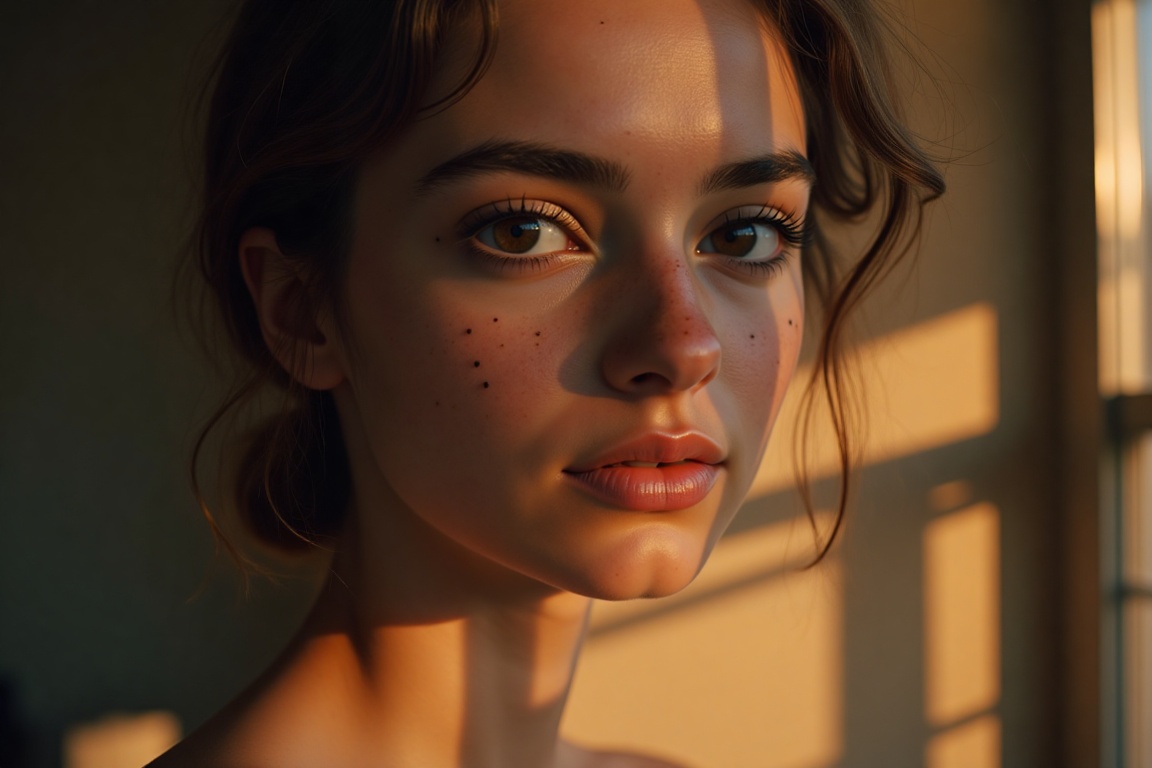 This photograph captures the essence of understated elegance in the visage of a young woman. With her delicate freckles du...