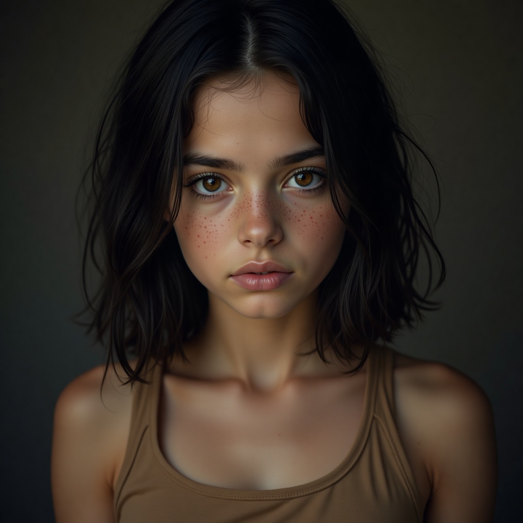 This portrait captures the intensity of a young woman with captivating brown eyes and freckled cheeks. Her disheveled blac...