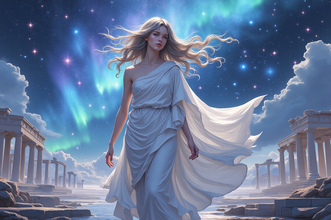 (photo of a venus wearing a white see-through silk toga),  (Surrealism),  ancient ruins on Tensor.Art