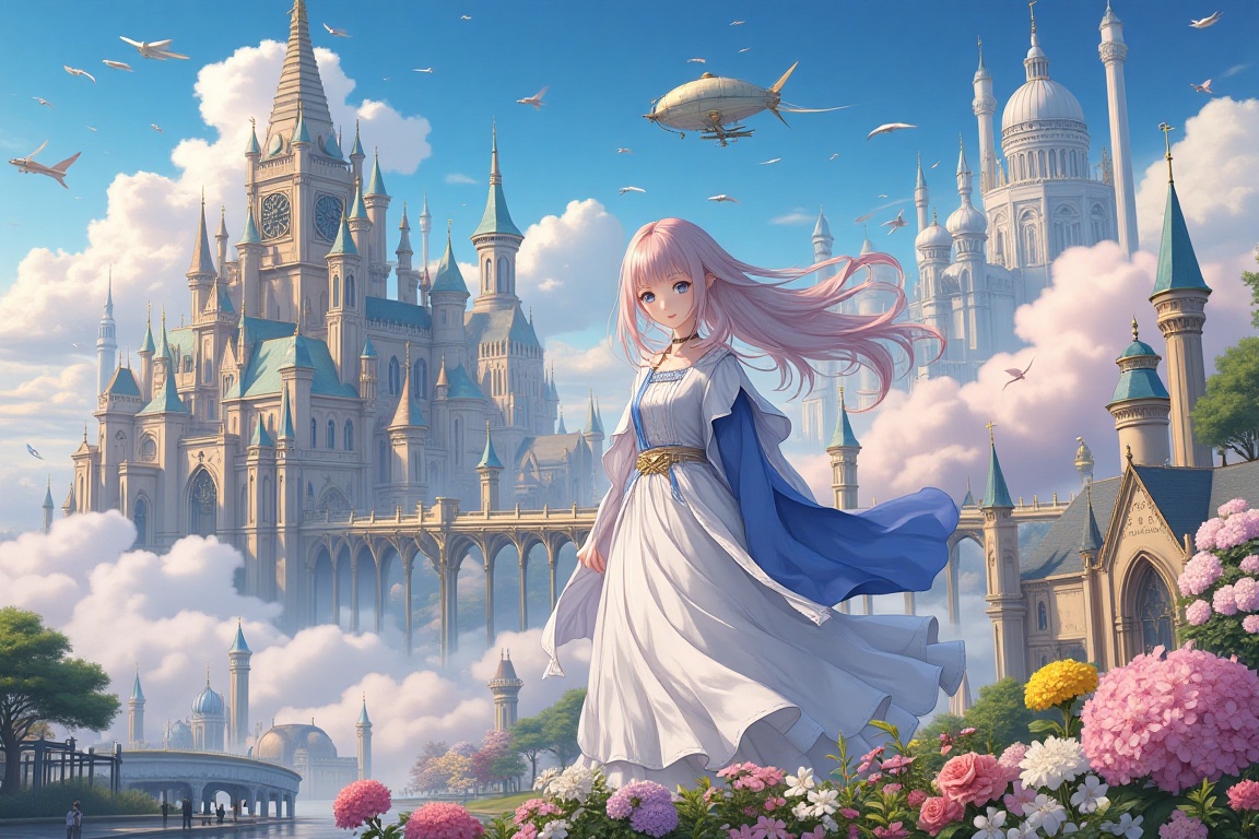 an anime girl,  ((serene girl)) A city on clouds,  with flowing hair on Tensor.Art