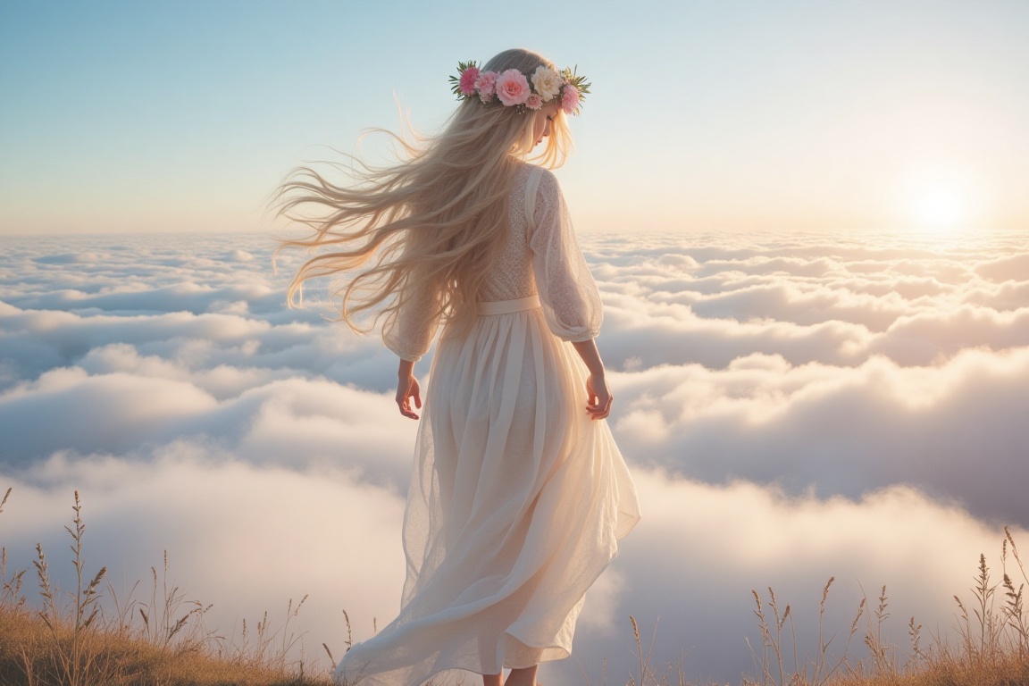 woman with long blonde hair using a flower crown walking above the clouds --auto --s2 on Tensor.Art