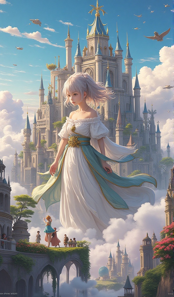 ((serene girl)) A city on clouds,  with flowing hair,  vivid and lively surroundings on Tensor.Art