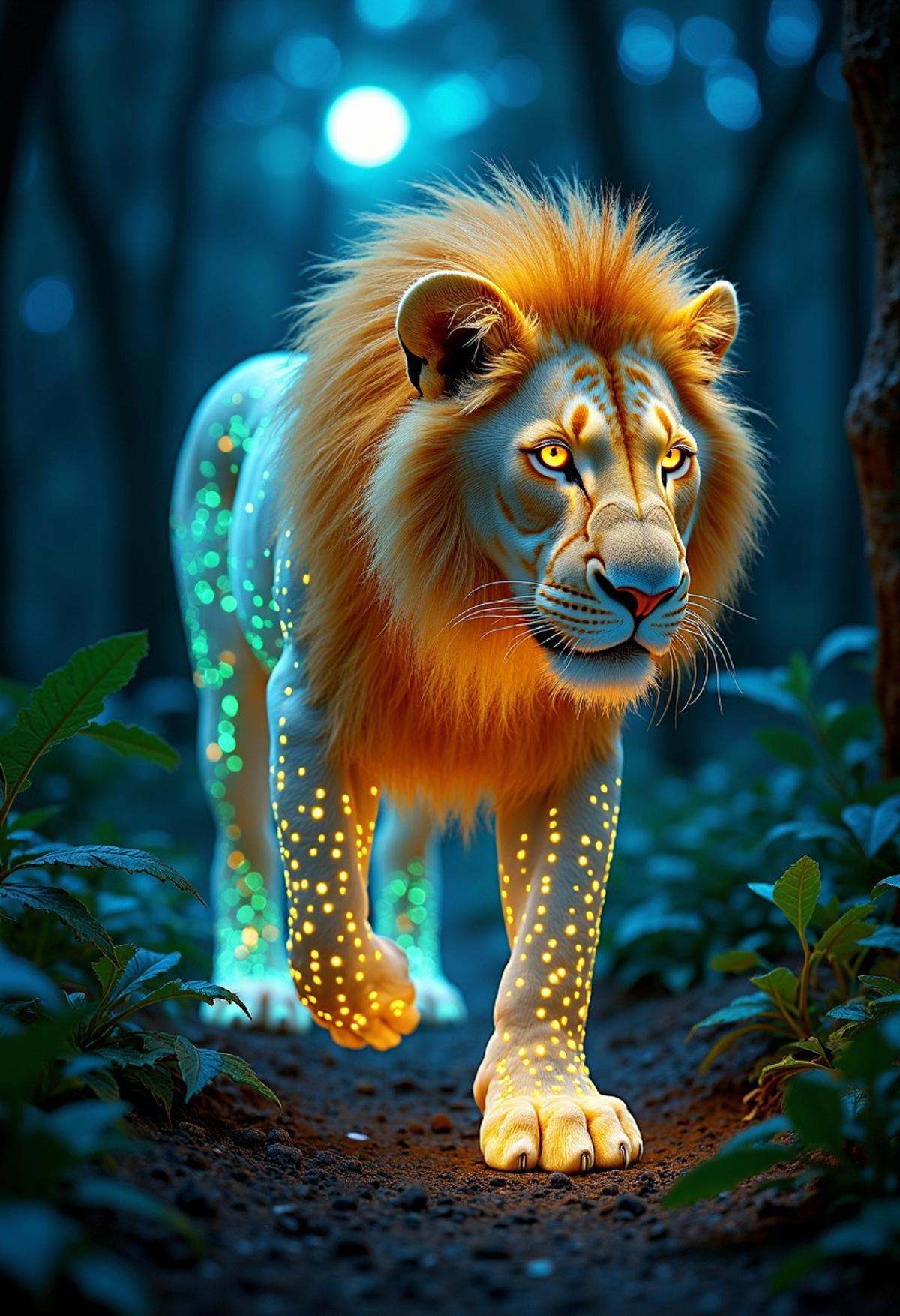 Imagine a majestic lion,  its entire form shimmering with a bioluminescent glow in the depths of a mystical,  moonlit jung...
