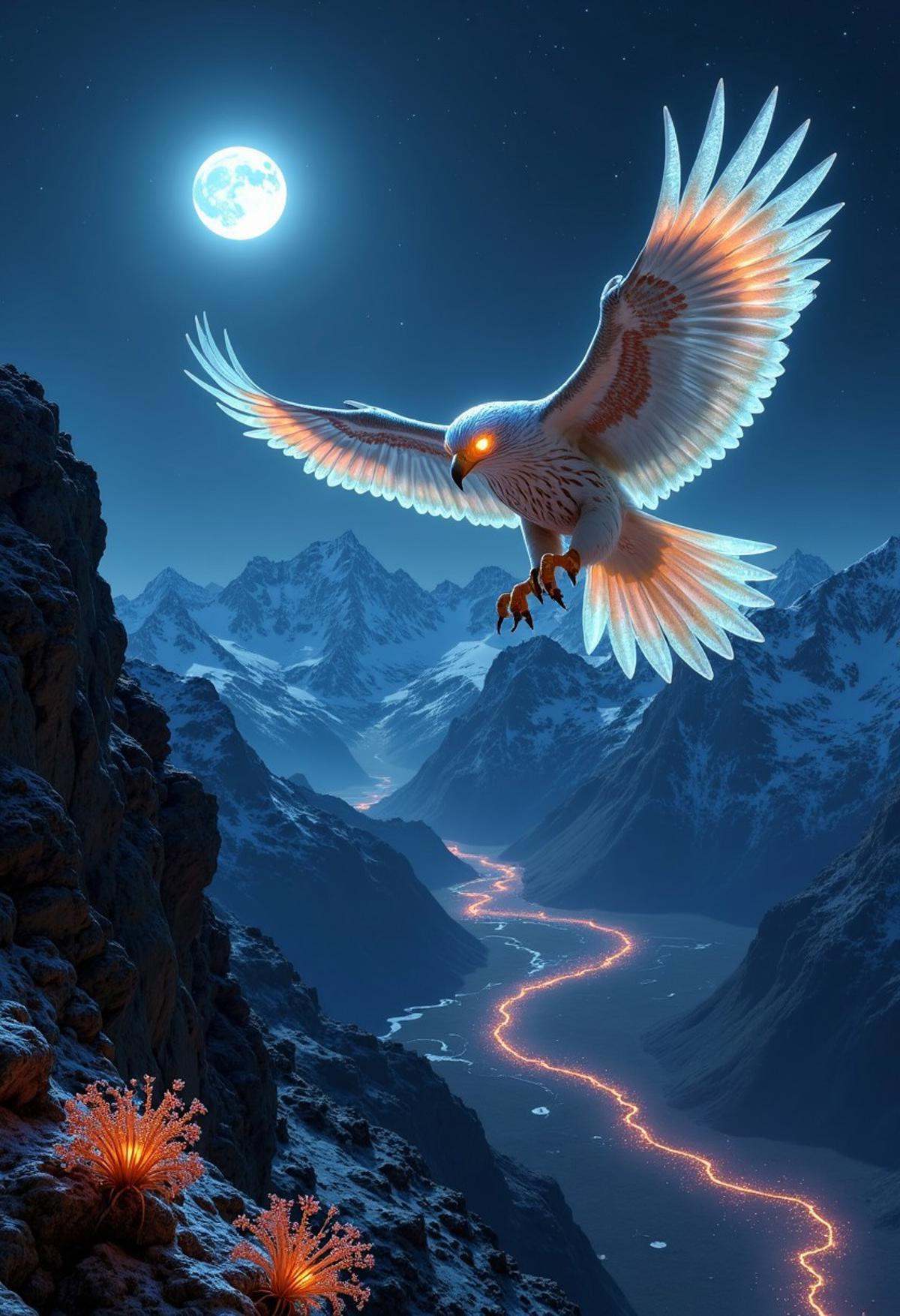 Picture a powerful eagle soaring high above a moonlit mountain range,  its wings glowing with bioluminescent feathers that...