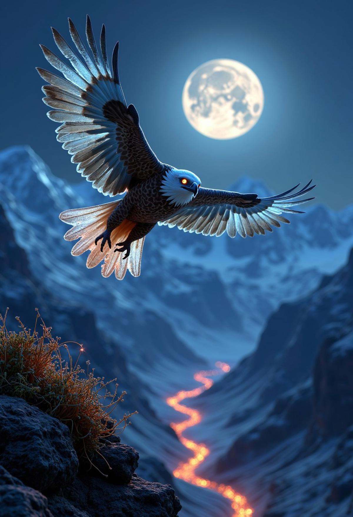 Picture a powerful eagle soaring high above a moonlit mountain range,  its wings glowing with bioluminescent feathers that...