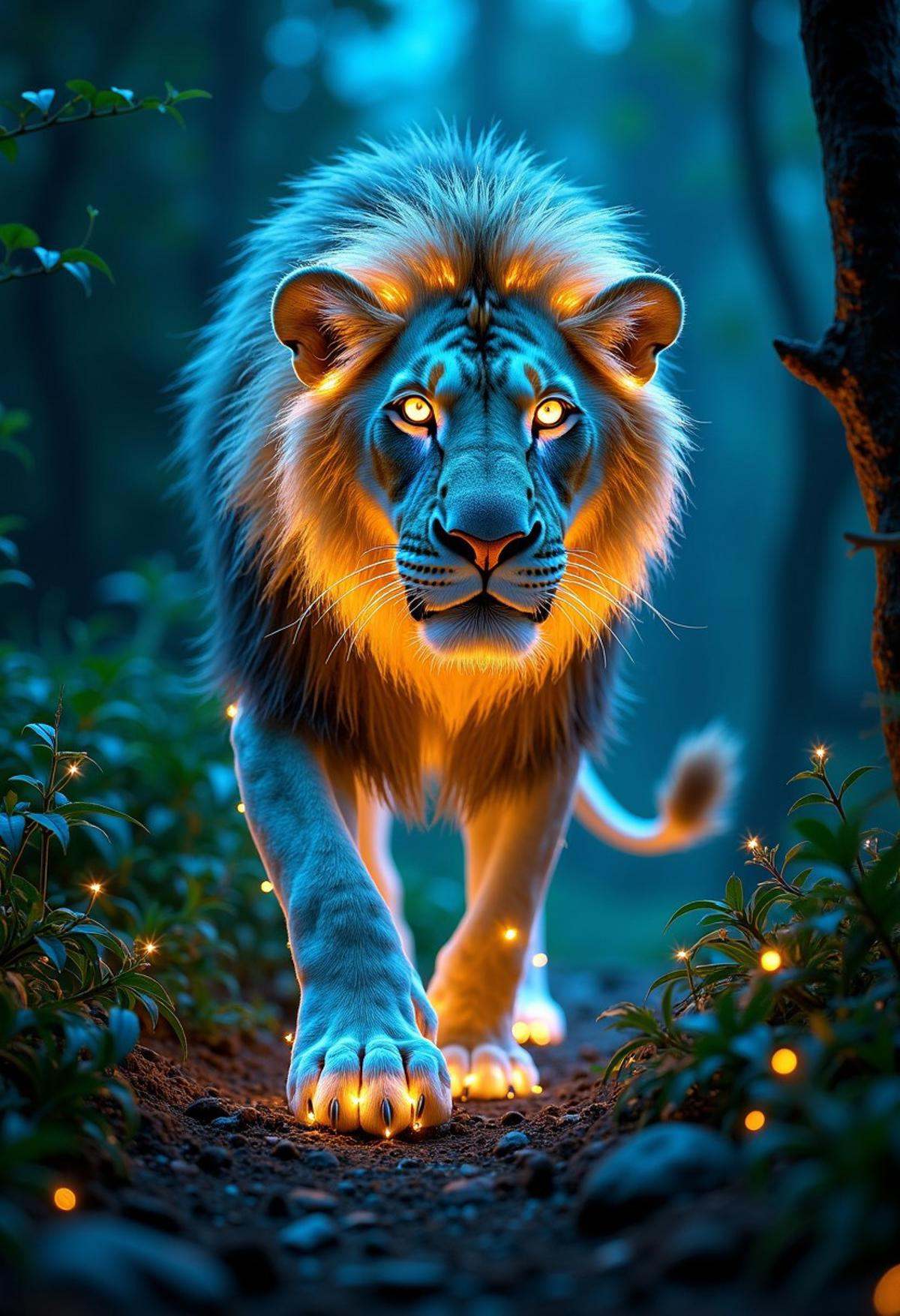 Imagine a majestic lion,  its entire form shimmering with a bioluminescent glow in the depths of a mystical,  moonlit jung...