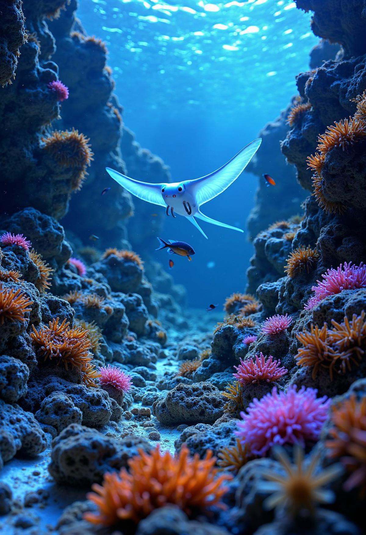 Create an underwater scene within a vast coral reef that glows with bioluminescent life. The reef is a vibrant mosaic of c...