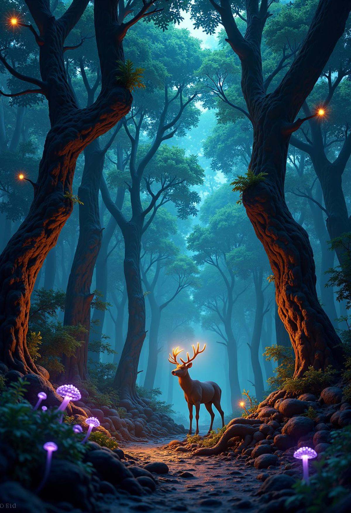 Envision a dense,  ancient forest where every tree,  plant on Tensor.Art