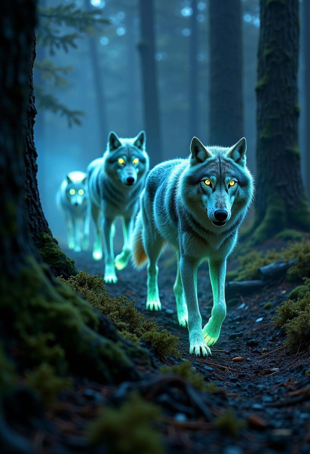 Imagine a pack of wolves moving silently through a dark,  misty forest,  their fur glowing with an eerie on Tensor.Art