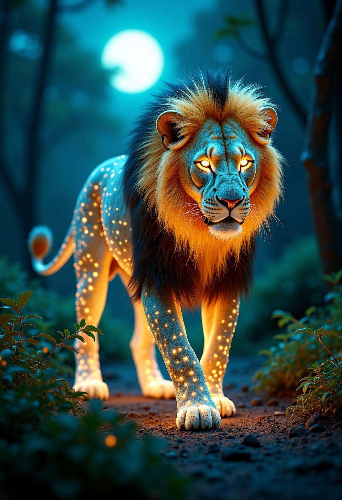 Imagine a majestic lion,  its entire form shimmering with a bioluminescent glow in the depths of a mystical,  moonlit jung...