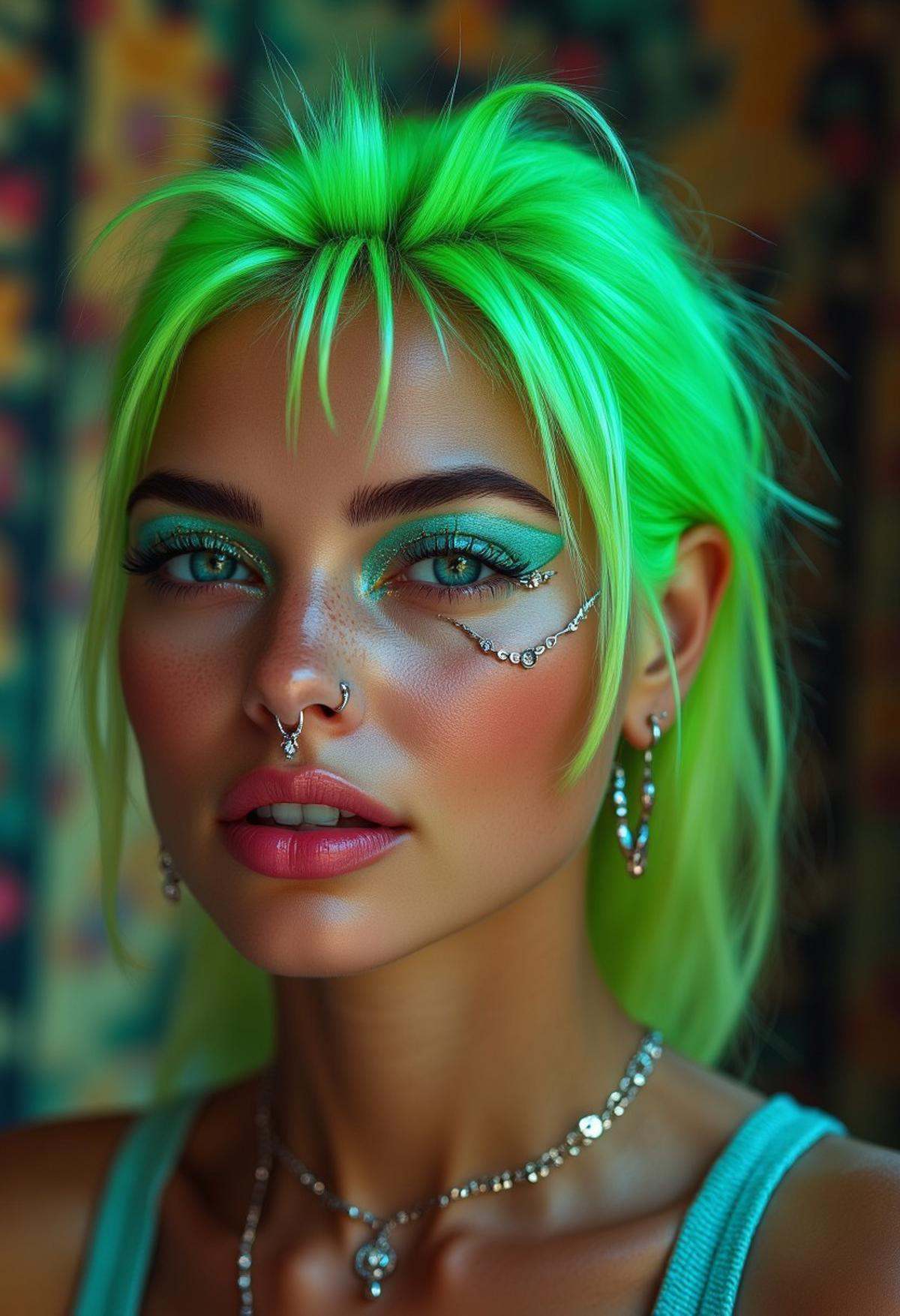 An ultra-detailed,  high-resolution portrait of a woman with neon green hair,  styled in an avant-garde fashion on Tensor.Art