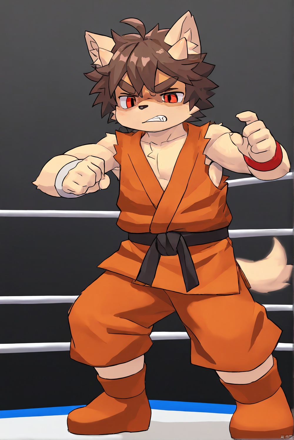1boy,boxer,shota,muscular,slender,ahoge,messy hair,oni_horns,thick eyebrows,dougi,disgust,wrestling_ring,motion_blur,furry,fighting_stance,body fur