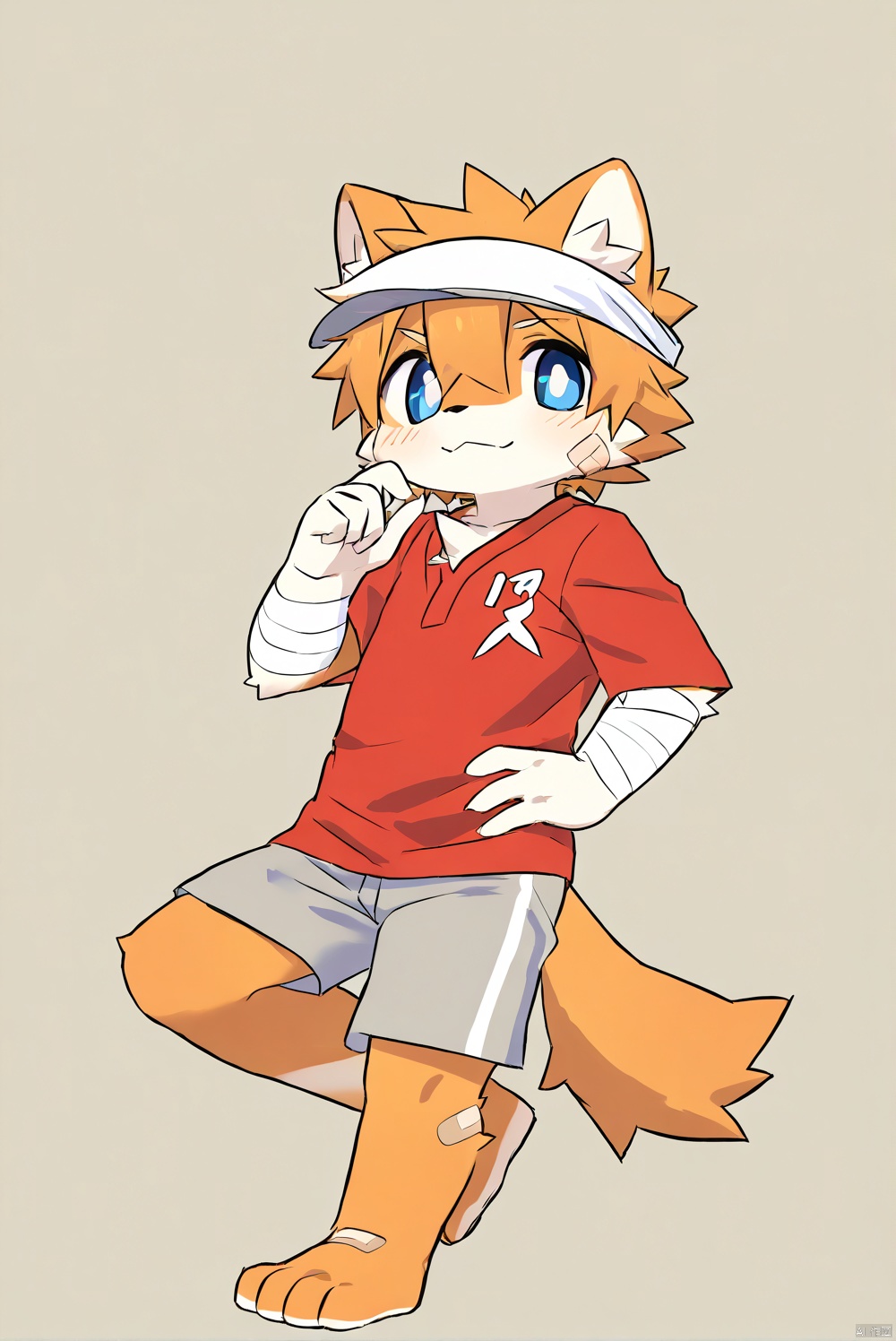 solo,male_child,shota.BREAK,,[bandage on left foot], (red t-clothes),(shorts),BREAK, (prefect_feets,prefect_hands,prefect_eyes:1.05), wide-angle,[looking at viewer], simple background, (hand on own hip),leg up,soles focus,BREAK, score_9,score_8_up,score_7_up,score_6_up,score_5_up,body fur,anthro,furry