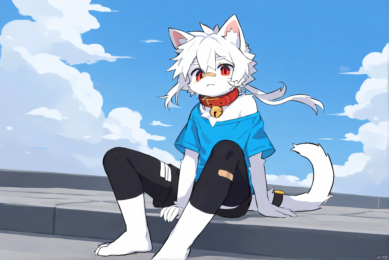 cat boy,1boy,solo,male_focus,(white_hair:0.8),red eyes,[bell on collar,Collar,Cortical collar,Large collar],(blue t-shirt,black_leggings under shorts,black bike_shorts),(barefoot) BREAK dutch angle,vanishing point,sitting on rooftop,(blue sky,cloud,wind),(masterpiece, best quality:1.1),foot focus,bandage on nose,bandage on leg,Tail decoration,cat tail,PVC Style,bare_shoulder,body fur,furry