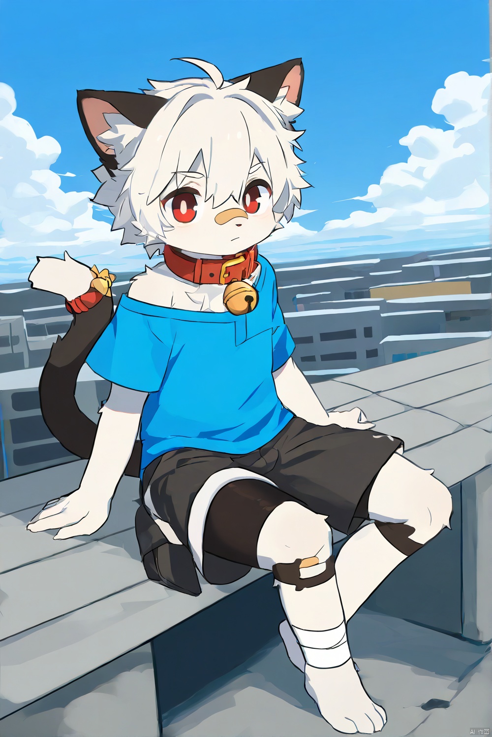 cat boy,1boy,solo,male_focus,(white_hair:0.8),red eyes,[bell on collar,Collar,Cortical collar,Large collar],(blue t-shirt,black_leggings under shorts,black bike_shorts),(barefoot) BREAK dutch angle,vanishing point,sitting on rooftop,(blue sky,cloud,wind),(masterpiece, best quality:1.1),foot focus,bandage on nose,bandage on leg,Tail decoration,cat tail,PVC Style,bare_shoulder,body fur,furry