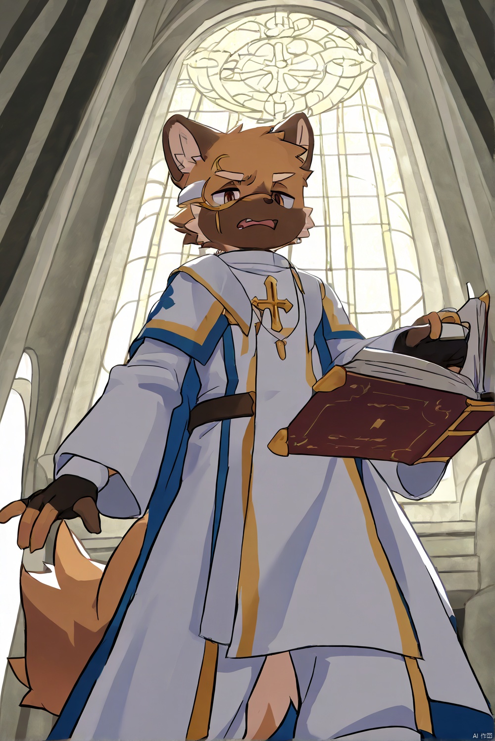 1boy,cleric,priest's clothing,fingerless_gloves,absurdres,artbook,church,open_book,from_below,furry,disgust,body fur