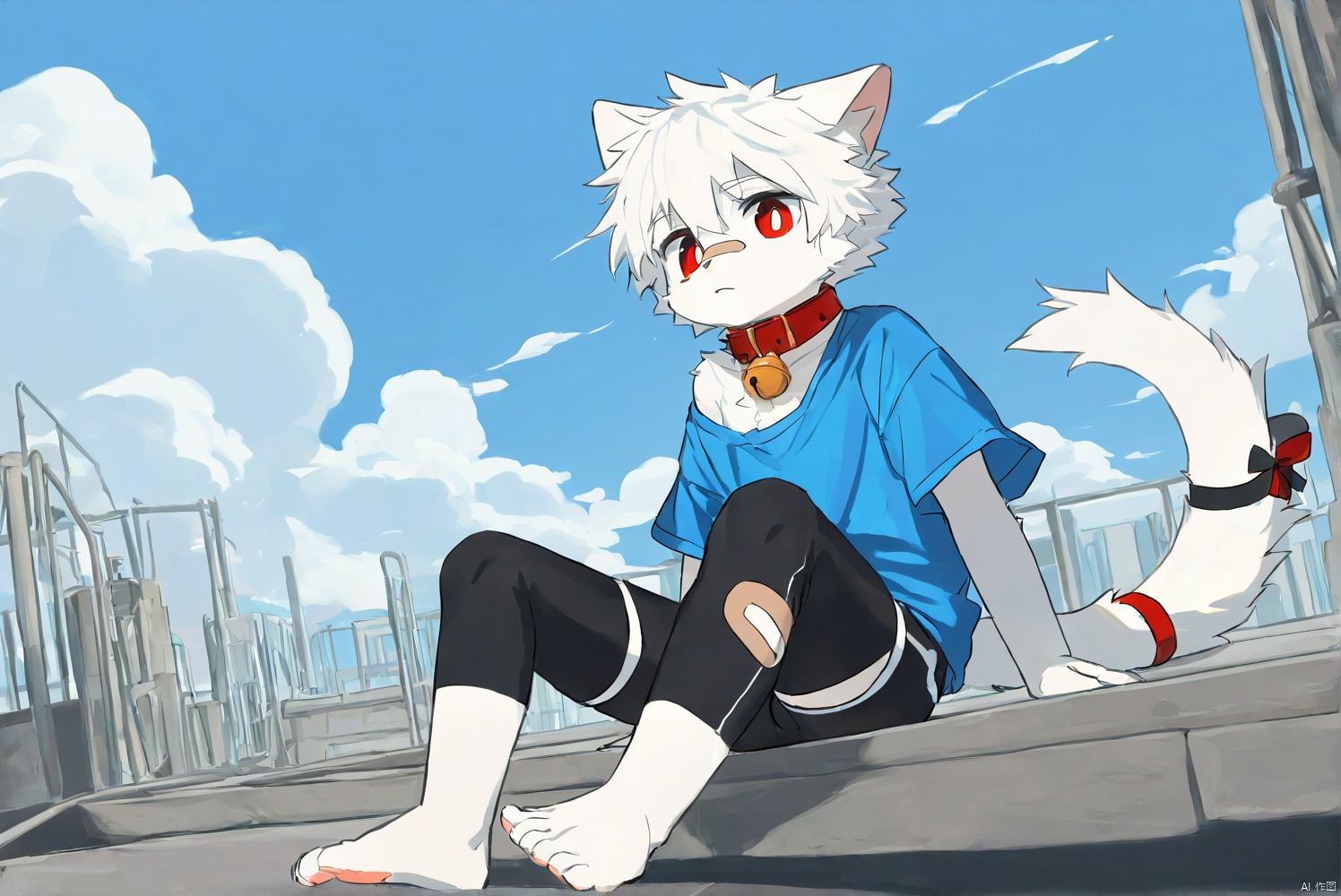 cat boy,1boy,solo,male_focus,(white_hair:0.8),red eyes,[bell on collar,Collar,Cortical collar,Large collar],(blue t-shirt,black_leggings under shorts,black bike_shorts),(barefoot) BREAK dutch angle,vanishing point,sitting on rooftop,(blue sky,cloud,wind),(masterpiece, best quality:1.1),foot focus,bandage on nose,bandage on leg,Tail decoration,cat tail,PVC Style,bare_shoulder,body fur,furry