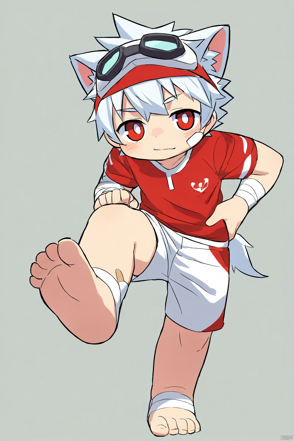 solo,male_child,shota.BREAK,,[bandage on left foot], (red t-clothes),(shorts),BREAK, (prefect_feets,prefect_hands,prefect_eyes:1.05), wide-angle,[looking at viewer], simple background, (hand on own hip),leg up,soles focus,BREAK, score_9,score_8_up,score_7_up,score_6_up,score_5_up,
