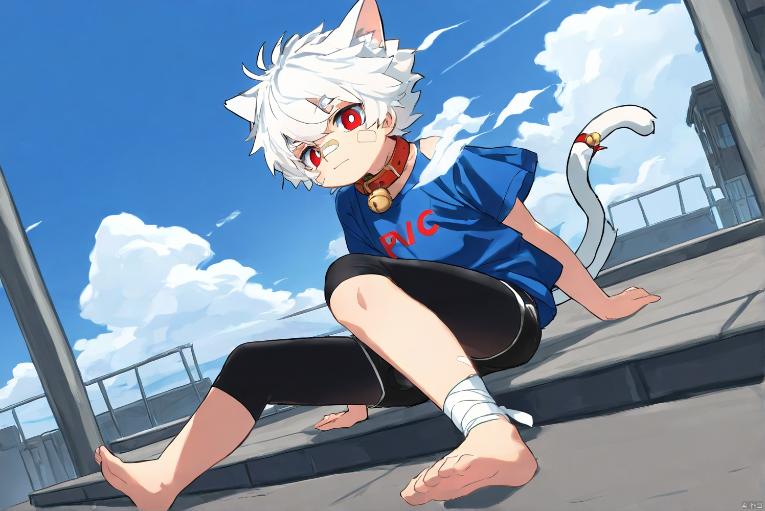 cat boy,1boy,solo,male_focus,(white_hair:0.8),red eyes,[bell on collar,Collar,Cortical collar,Large collar],(blue t-shirt,black_leggings under shorts,black bike_shorts),(barefoot) BREAK dutch angle,vanishing point,sitting on rooftop,(blue sky,cloud,wind),(masterpiece, best quality:1.1),foot focus,bandage on nose,bandage on leg,Tail decoration,cat tail,PVC Style,bare_shoulder,