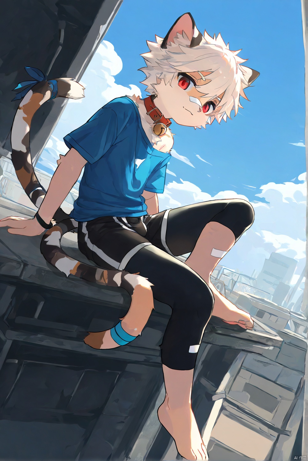 cat boy,1boy,solo,male_focus,(white_hair:0.8),red eyes,[bell on collar,Collar,Cortical collar,Large collar],(blue t-shirt,black_leggings under shorts,black bike_shorts),(barefoot) BREAK dutch angle,vanishing point,sitting on rooftop,(blue sky,cloud,wind),(masterpiece, best quality:1.1),foot focus,bandage on nose,bandage on leg,Tail decoration,cat tail,PVC Style,bare_shoulder,body fur,furry