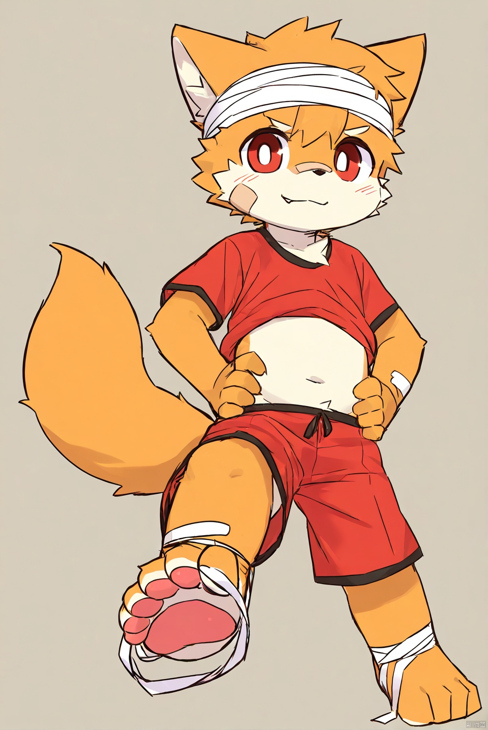 solo,male_child,shota.BREAK,,[bandage on left foot], (red t-clothes),(shorts),BREAK, (prefect_feets,prefect_hands,prefect_eyes:1.05), wide-angle,[looking at viewer], simple background, (hand on own hip),leg up,soles focus,BREAK, score_9,score_8_up,score_7_up,score_6_up,score_5_up,body fur,anthro,furry