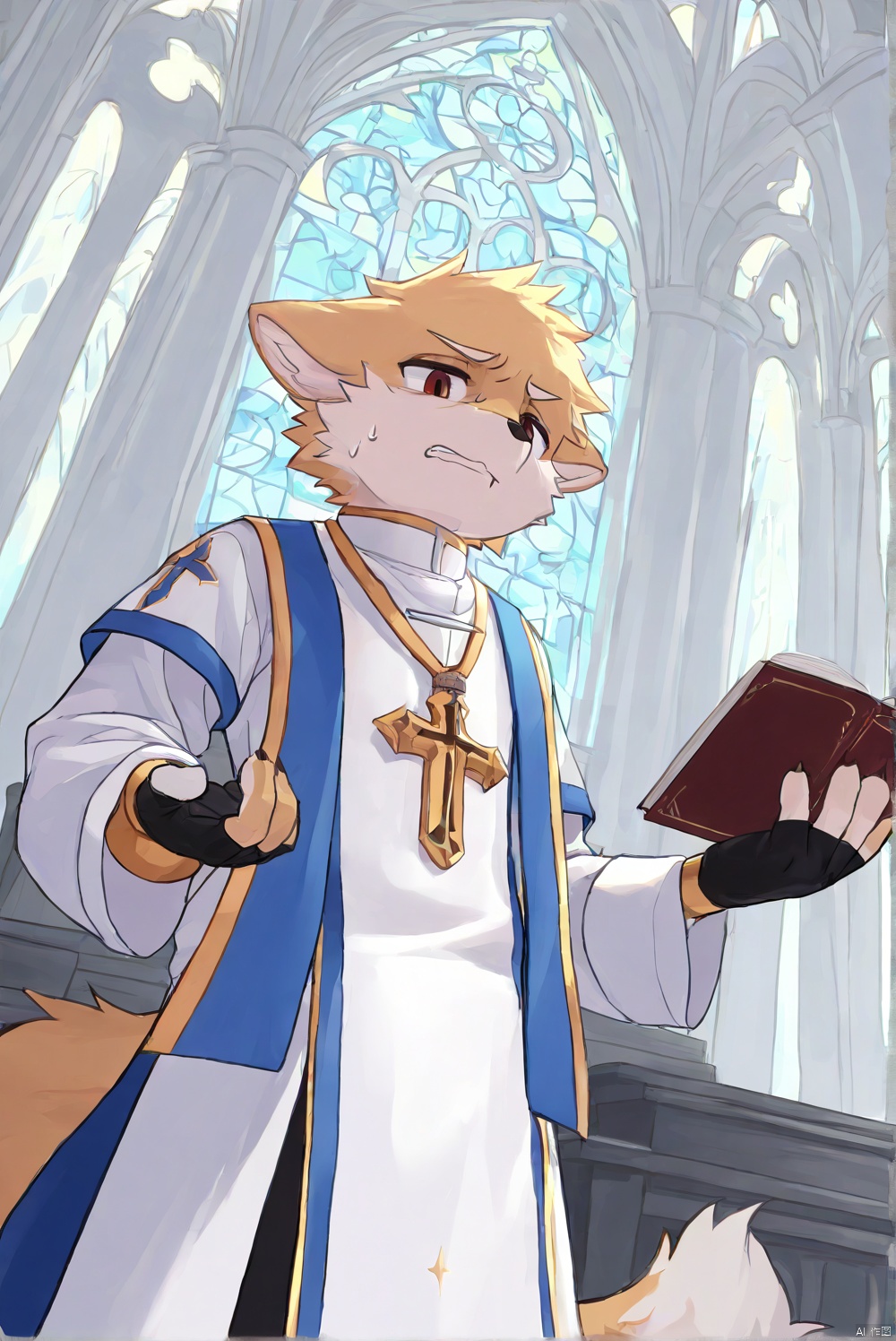 1boy,cleric,priest's clothing,fingerless_gloves,absurdres,artbook,church,open_book,from_below,furry,disgust,body fur