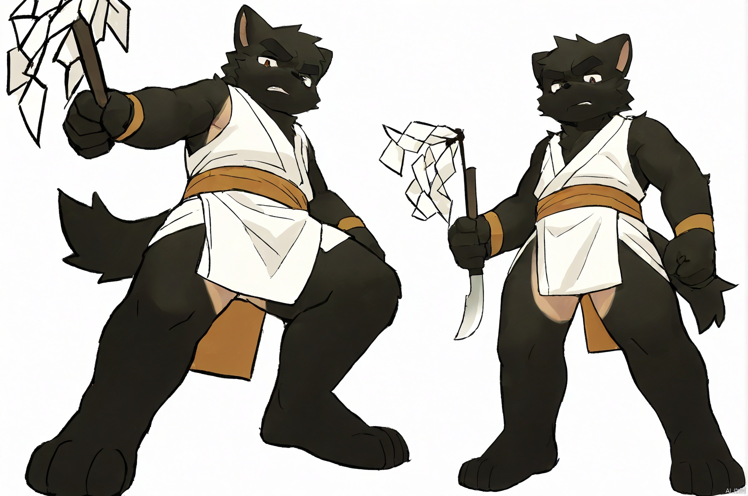 1boy,assassin,tanlines,thick eyebrows,furisode,sleeveless_kimono,absurdres,gohei,dagger,furry,disgust,from_below,body fur