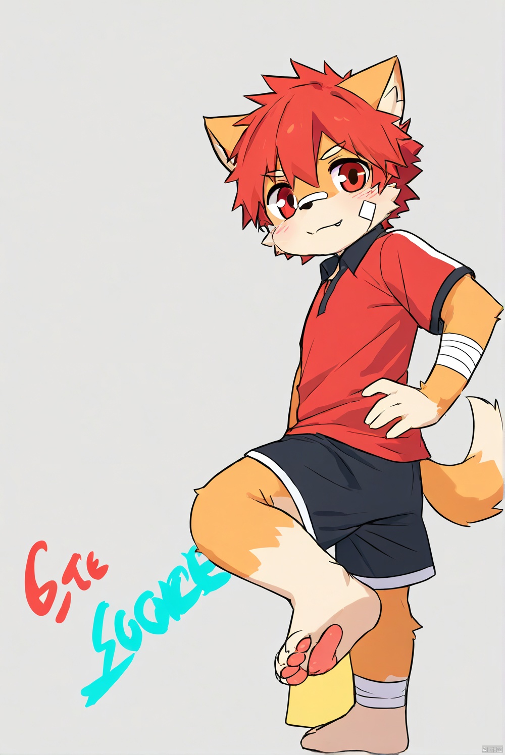 solo,male_child,shota.BREAK,,[bandage on left foot], (red t-clothes),(shorts),BREAK, (prefect_feets,prefect_hands,prefect_eyes:1.05), wide-angle,[looking at viewer], simple background, (hand on own hip),leg up,soles focus,BREAK, score_9,score_8_up,score_7_up,score_6_up,score_5_up,body fur,