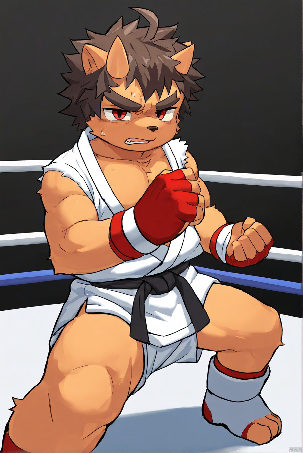 1boy,boxer,shota,muscular,slender,ahoge,messy hair,oni_horns,thick eyebrows,dougi,disgust,wrestling_ring,motion_blur,furry,fighting_stance,body fur