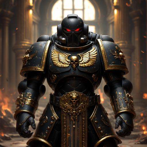 ornate sword. The armor is a deep,  armored figure standing in an opulent,  gold accents and markings. The armor features...