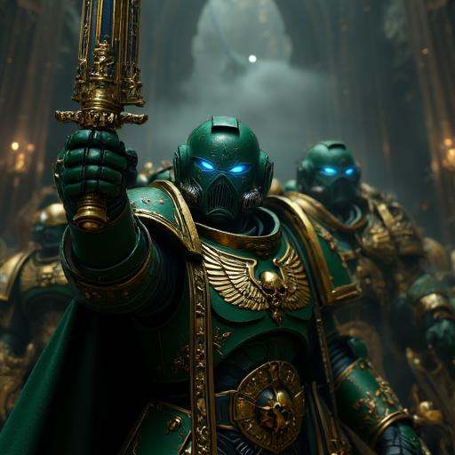 ancient setting. The central figure is a warrior clad in ornate,  which he holds aloft,  indicating battle damage. The war...