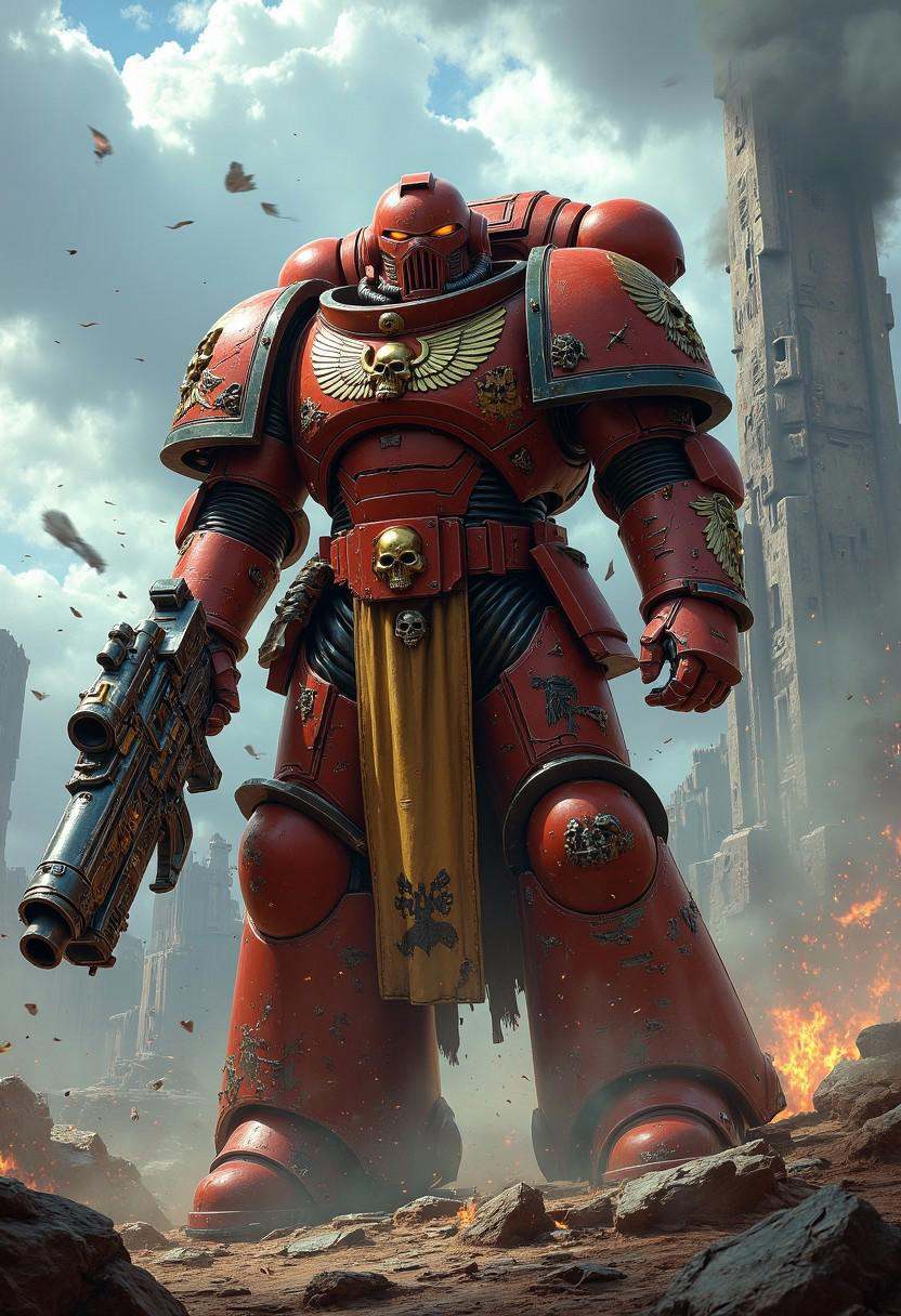 A towering imperial fists Warhammer 40k Space Marine in full ceramite power armor,  standing amidst a war-torn battlefield...