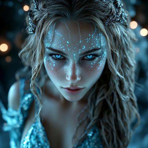 ethereal alien,  piercing blue eyes that seem to glow with an inner light. Her long,  ethereal light. Her skin is a pale o...
