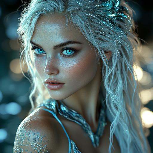 ethereal alien,  iridescent strands that shimmer with a blue hue,  pale skin on Tensor.Art