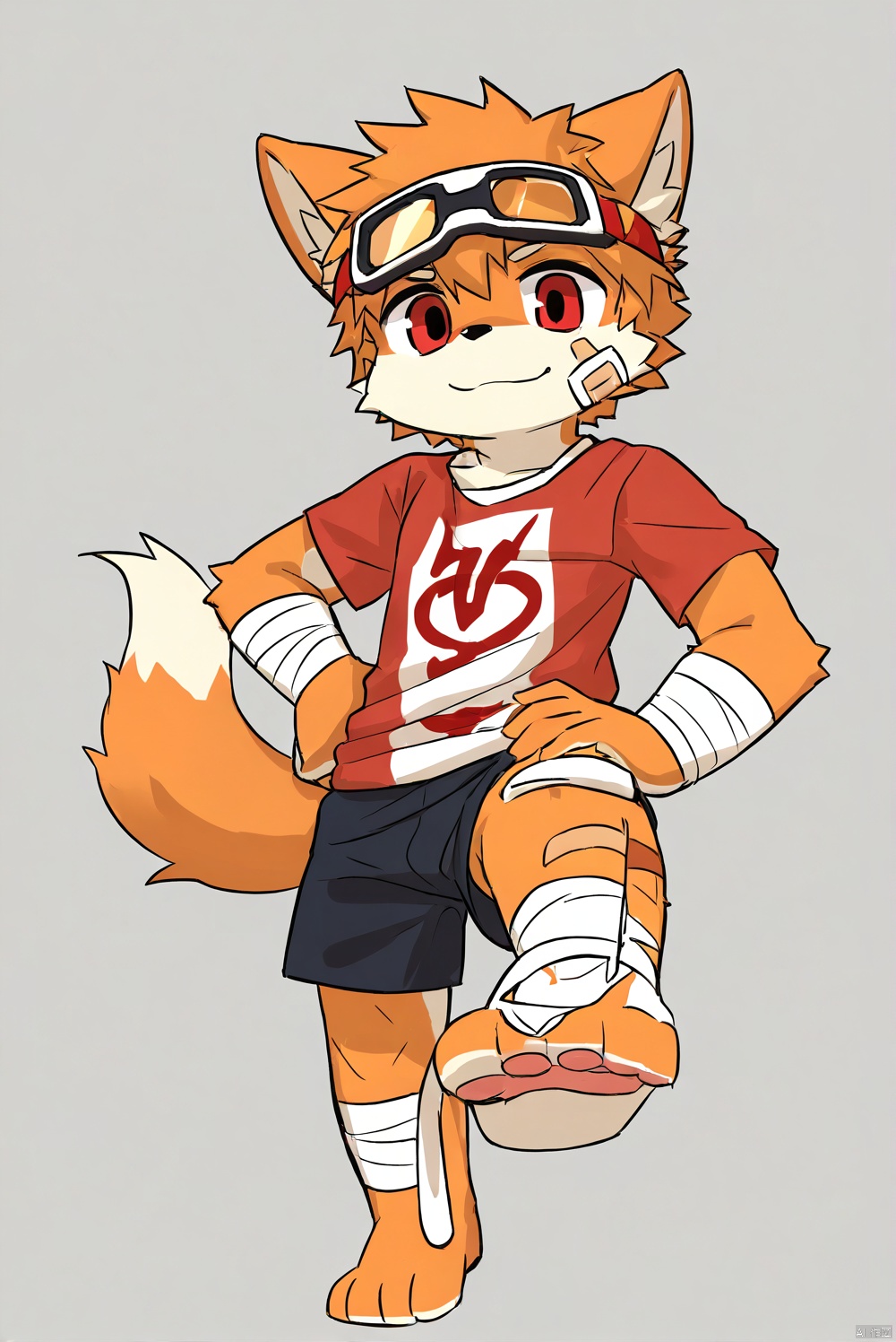 solo,male_child,shota.BREAK,,[bandage on left foot], (red t-clothes),(shorts),BREAK, (prefect_feets,prefect_hands,prefect_eyes:1.05), wide-angle,[looking at viewer], simple background, (hand on own hip),leg up,soles focus,BREAK, score_9,score_8_up,score_7_up,score_6_up,score_5_up,body fur,