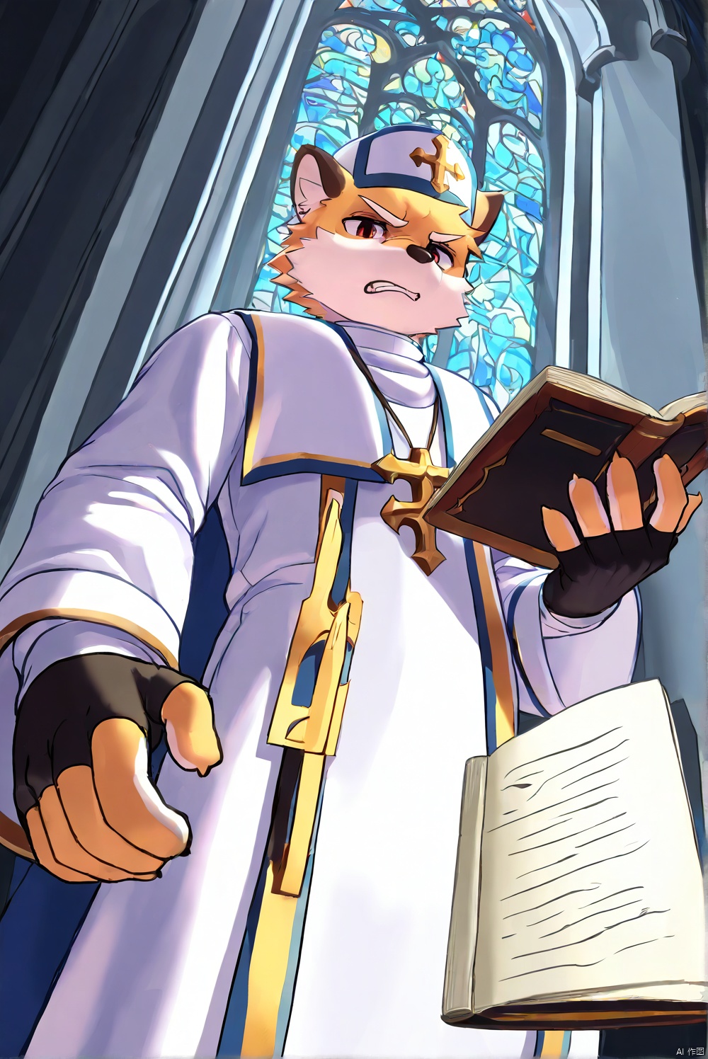 1boy,cleric,priest's clothing,fingerless_gloves,absurdres,artbook,church,open_book,from_below,furry,disgust,body fur